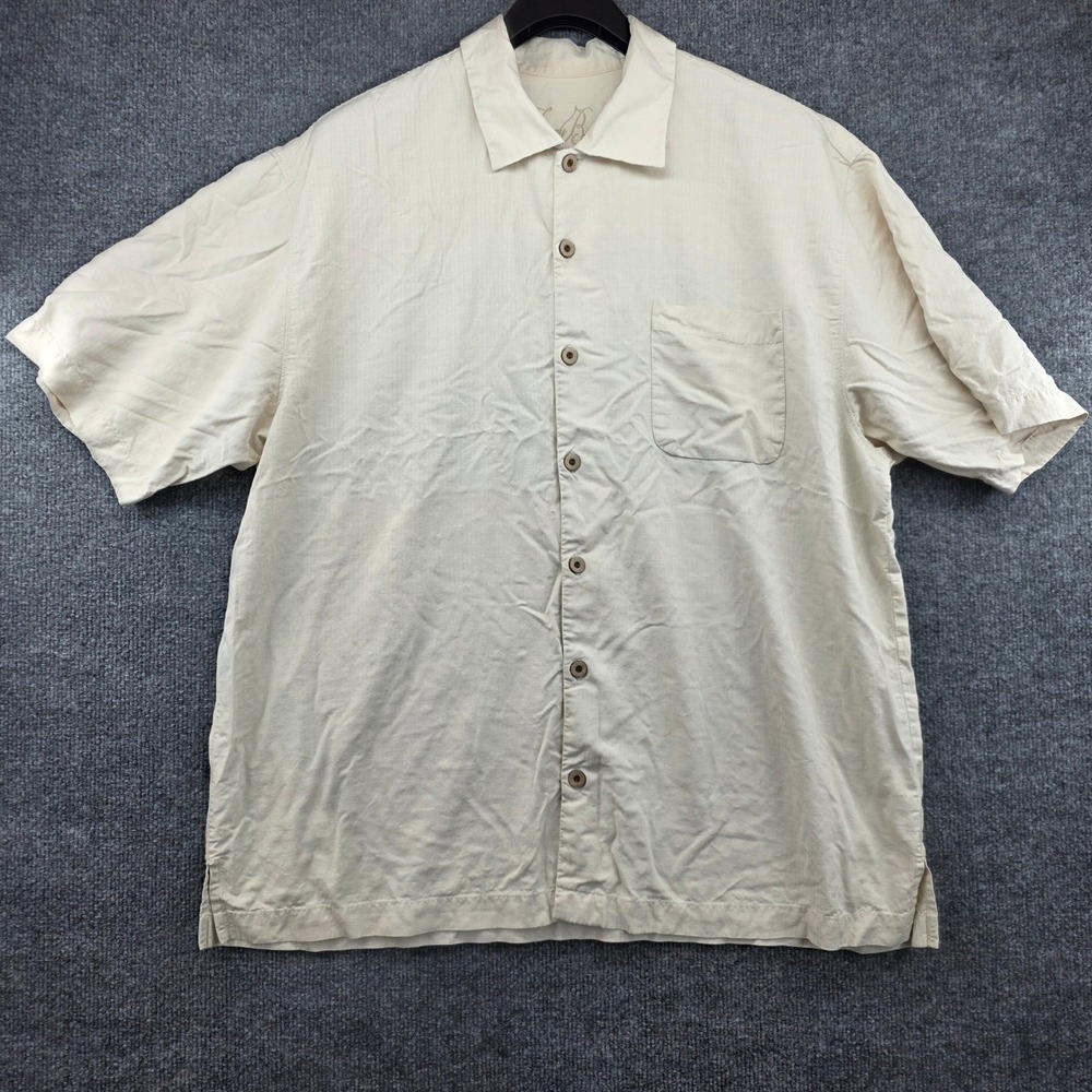 Tommy Bahama Mens XL Silk Camp Shirt Beige Viejo Cigars Marlin Embroidered Back